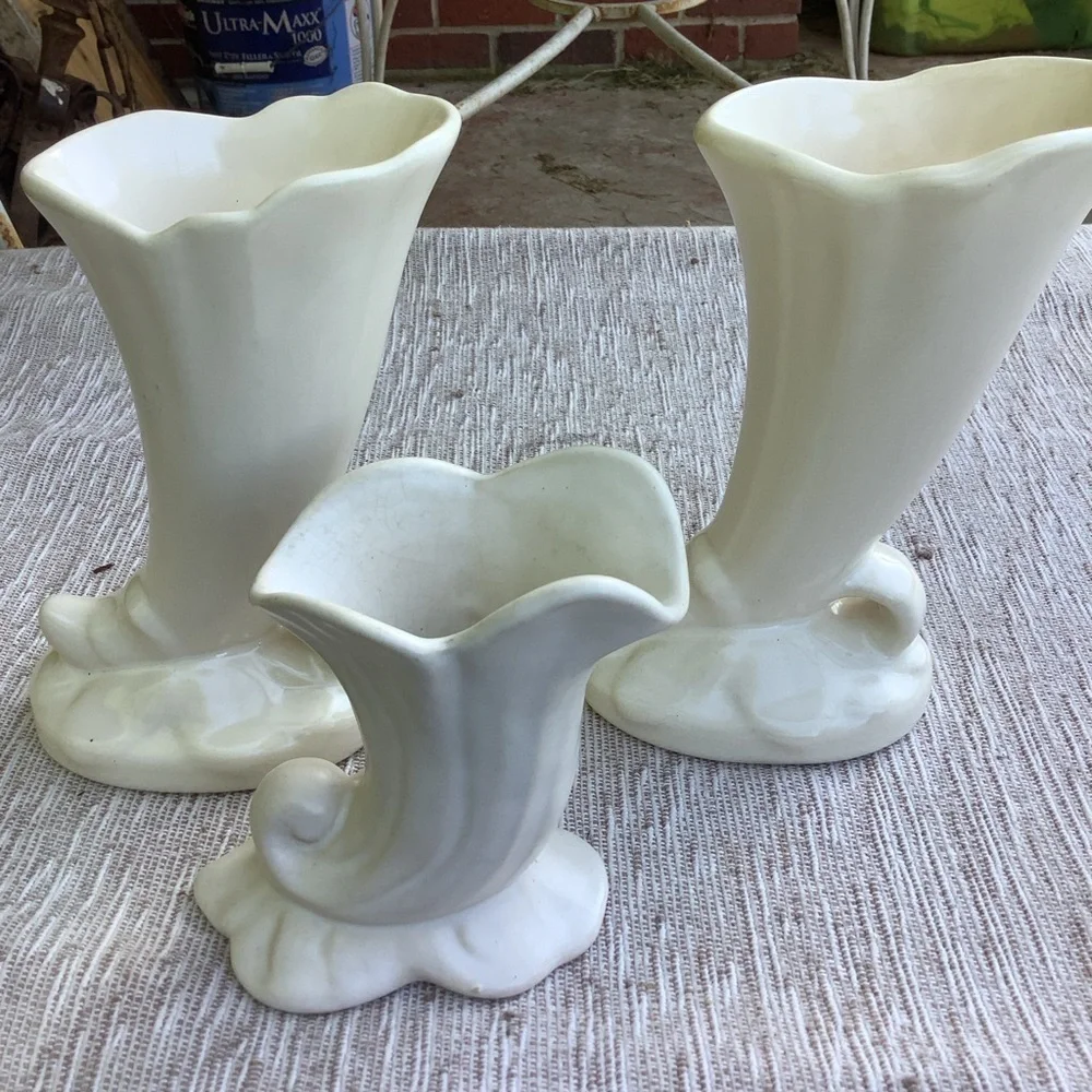Vintage Set 3 White Weller Cornucopia Vases Vintage Pottery
